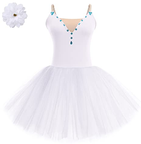 FYMNSI Damen Ballettkleid Schwan Ballett Kostüm Tüllkleid Tütü Tanzkleid Ärmellos Trägerkleid mit Blumen Haarklammer Erwachsene Ballettkleidung Professionelles Balletttrikot Ballettanzug Weiß XL