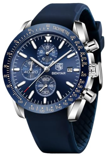 BENYAR, Montre pour Homme Chronographe, Mouvement à Quartz, Bracelet Cuir/Acier/Silicone, Montre de Sport d'affaires, Tendance, 30 m Étanche, Anti-Rayures, Cadeau Élégant