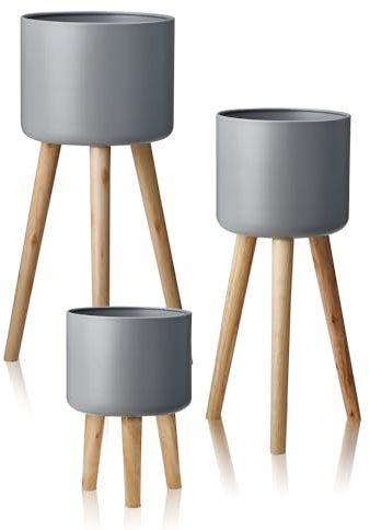 KHG 3er-Set Blumentopf Pflanzkübel grau, Pflanzenständer im Scandi Look
