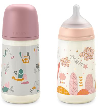 Suavinex, Set 2 Biberon Anti-Colica da 270 ml, con Tettarella Fisiologica in Silicone SX Pro, Flusso Medio (M), con Valvola Anti-Colica, per Bambini +3 Mesi. Rosa