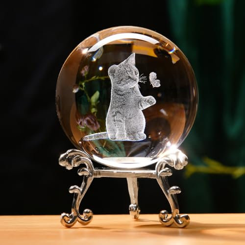 IFOLAINA Cadeaux 3D pour Amoureux des Chats - Figurines en Boule de Cristal avec Support - Presse-Papiers Décoratifs sur le Thème des Chats pour Femmes