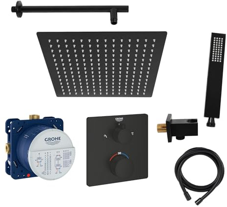 vanvilla Duschsystem mit Unterputz Duscharmatur von Grohe Grohtherm Thermostat und vanvilla Regendusche mit Armatur, Duschkopf, Dusch-SET GS05 schwarz matt