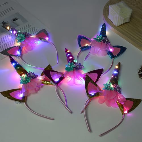 YOUYIKE 5 Pièces LED Serre Tete Licorne, LED Bandeau Lumineux, Bandeau Licorne Fille, Licorne Corne Bandeau, Costume de licorne, pour Adulte Enfant Pâques Anniversaires Fêtes Cosplay