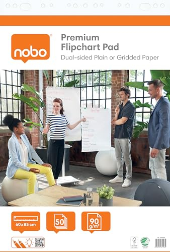 Nobo Premium Flipchart-Block 60 x 85 cm, doppelseitiges Flipchart-Papier, blanko & kariert, 50 Blatt, 90 g/m², 1 Packung, gerollt verpackt, für Meetings & Brainstorming überall, 1915657