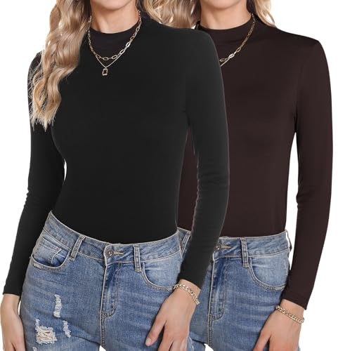 Aottori Damtröja med upphöjd krage 2-pack polotröja långärmad topp lätt smal basic topp eleganta underkläder andningsbara stretch undertröja bomull, Svart + brun, XXL