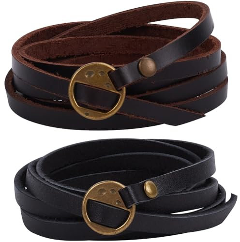 GORGECRAFT 2 Stück Wickelarmband Aus Schwarzem Rindsleder Für Damen Stapelbar 5 Wickelkreise Echtes Leder Boho Vintage Punk 6mm Armband Manschette Lange Riemen Armbänder Für Frauen Armband Handgefert