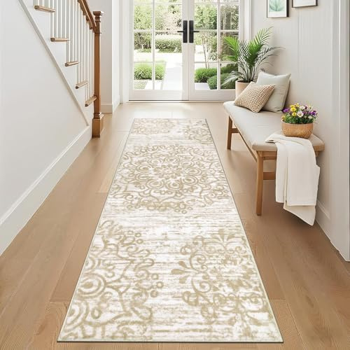 SHACOS Alfombra de pasillo beige - Medidas 60 x 180 cm - Antideslizante y lavable - Pelo corto