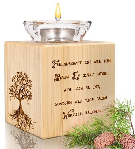 sagl.tirol® Zirbenholz Teelichthalter, Baum des Lebens, Freundschaftslicht mit Gravur, handgefertigt aus Holz, inkl. Glas & Teelicht, hochwertige Deko & Geschenkidee, Freundschaft ist...