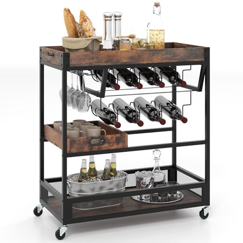 GIANTEX Carro de Cocina 3 Niveles, Carrito de Servicio con Bandeja Extraíble, Botellero para 8 Botellas y Portavasos, 4 Ruedas, Estantes de Almacenamiento, Carro Auxiliar para Comedor, Bar