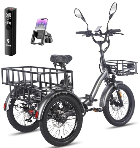 Fafrees 2025 F20 MATE Electric Trike for Adults UK, 48V 21Ah Removable Battery 65-115KM Range | 20x3.0 Fat Tyres Electric Tricycle, Foldable Cargo Ebike Dual Suspension (BLAKC+3 BASKETS)