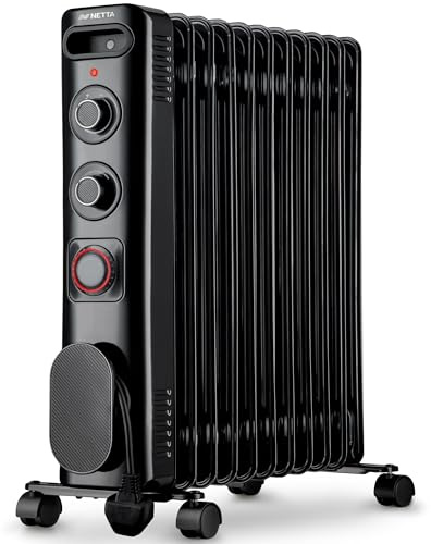 NETTA Electric Oil Filled Radiator 2500W, Portable Heater with Thermostat & 24 Hour Timer, 3 Power Settings, 11 Fin - Black