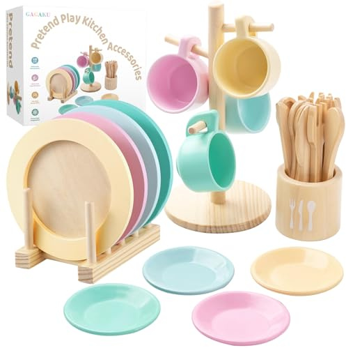 GAGAKU Holzspielzeug Kinderküche Geschirr Set - 27-teiliges Kinder Teeservice aus Holz mit Aufbewahrungsständer, Montessori-Spielzeug für Kinder 3-5 Jahre（Neueste Ausführung）