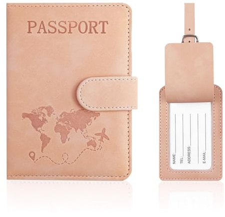 Vfrdsa Passport Cover and Suitcase Tag Set – Pink PU Leather Passport Holder, Privacy-Protective Air Travel Organiser (Organises Passports, Boarding Passes & Cards for UK Travelers)