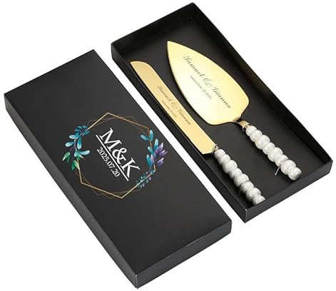 toyofmine Set di coltelli e paletta per torta nuziale Pearl, set per tagliare la torta con bordi seghettati in acciaio inossidabile, spatola per pizza e tagliapasta