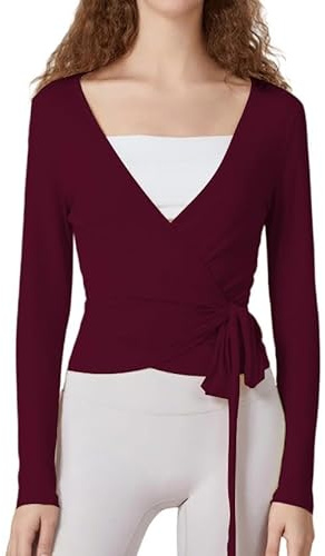 Lxootd Women's Ballet Tops Long Sleeve Deep V Neck Slim Fit Yoga Pilates Wrap Tops Spring Fall Trendy Streetwear (A-Claret, S)