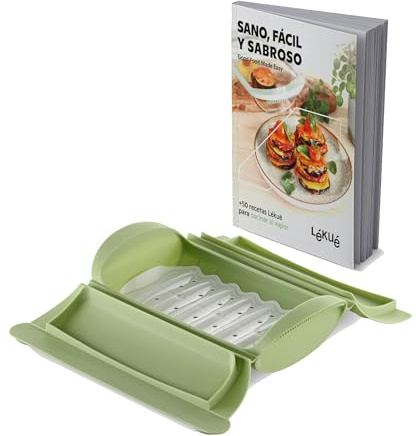 Lékué Estuche de vapor silicona platino Verde con bandeja y libro de recetas en español, 1-2 personas, 650 ml