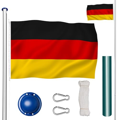 tectake® Asta Alluminio 625 cm con Bandiera, Corda e Piantone, Set, Regolabile in Altezza, Asta Allungabile, Asta Bandiera Esterno, Asta per Bandiera da Giardino - Germania