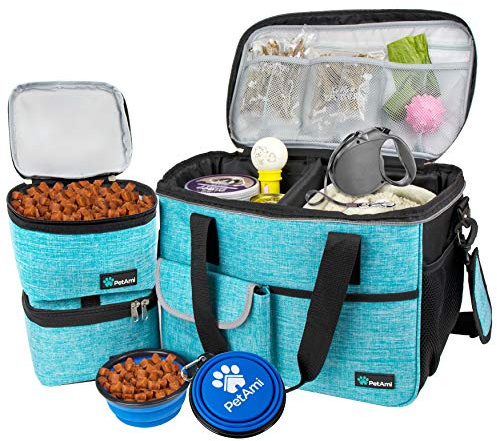PetAmi Dog Travel Bag, Travel Pet Bag Organizer, Dog Food Travel Bag with Food Container and Bowls, Dog Travel Supplies Gift Accessories for Weekend Camping, Dog Cat Diaper Bag (Sea Blue, Medium)