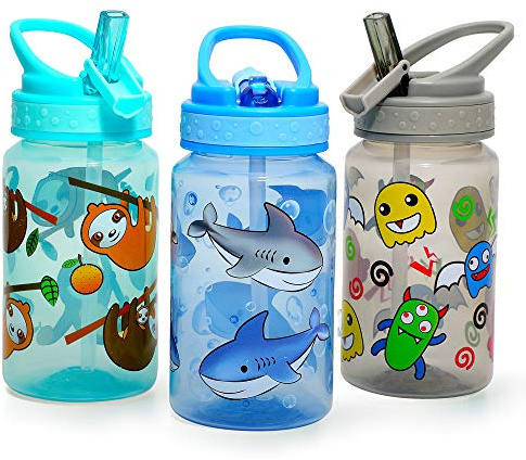 Home Tune 15oz Kids Water Drinking Bottle - BPA Free, Wide Mouth, Flip Straw Sip Lid, Easy Open, Lightweight, Leak-Proof Water Bottle Cute Design For Girls & Boys - 3 Pack Shark & Sloth & Monster