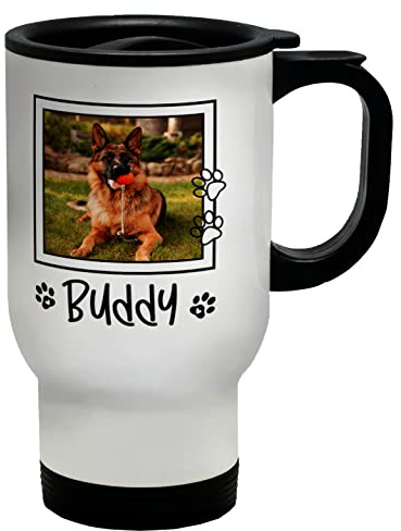 Shopagift Personalised Photo Travel Mug Cup Dog Frame with Paw Prints