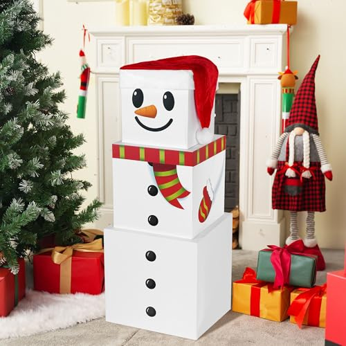 JOYIN 4 scatole impilabili natalizie con coperchio e cappello di Natale, grandi scatole decorative impilabili, scatole per nidificazione, scatole regalo impilabili per Natale e decorazioni invernali