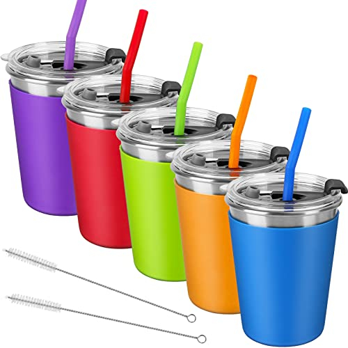 Barnkoppar med lock och sugrör, 350 ml barnglas med sugrör och lock, spillsäkra koppar för barn, rostfritt stål, pipkoppar för skola, utomhus, 5-pack