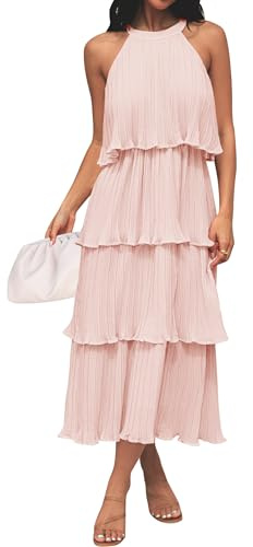 ZESICA Women's 2025 Summer Sleeveless Halter Neck Ruffle Tiered Layed Chiffon Flowy Swing Long Midi Dress,Pink,Large