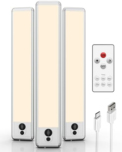 EZVALO Lot de 3 Spots LED Cuisine 23 cm, Lampe Détecteur de Mouvement Sans Fil avec Télécommande, Rechargeable USB 1600 mAh, Lumière Chaude, Éclairage pour Placard/Étagère/Escalier