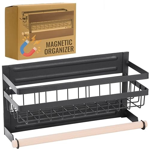 RICOO Kryddhylla magnetisk med hushållspappershållare utan borrning, KR005, kryddorganisatör, kylskåpshylla, pappersrullehållare, kryddhylla vägg, kryddhyllsystem, kryddförvaring, svart