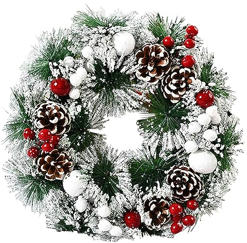 Weihnachtskranz 30cm Türkranz Weihnachten, Weihnachtsgirlande mit Weihnachtskugeln Kiefernzapfen Beere für Haustür, Kamin und Wanddekoration, Kranz mit Äpfeln Tannenzapfen