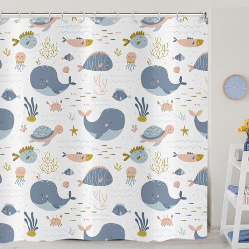 ASDCXZ Cortinas de Ducha Infantiles 180x180 cm, Lindos Dibujos Animados Mundo Submarino Tortuga Peces Medusas Niño Cortinas de Ducha Lavables Textil Cortina de Ducha Impermeable con 12 Ganchos