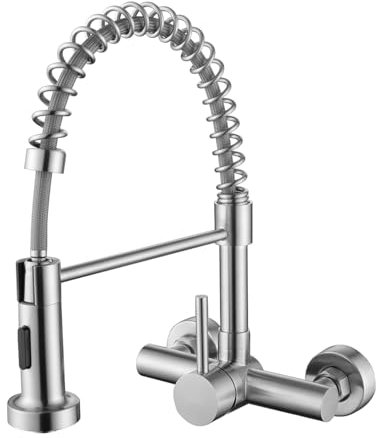 Tondiy Küchenarmatur Wandmontage mit Herunterziehbare Brause, Hoch Gebogen Wandarmatur mit 2 Strahlarten, 360° drehbar Mischbatterie Wand Wasserhahn Küche aus Edelstahl, Matt