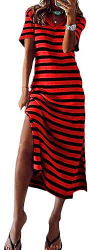 Jamron Mujer Manga Corta Cuello en V Vestido Largo con Abertura Lateral Casual Vestido Camiseta de Rayas Rojo SN0705143 XL