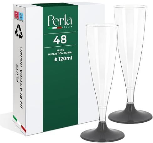 Perla - 48 Flute Plastica - Calici Plastica Rigida 120ml - Bicchieri da Champagne Trasparenti - Calice Lavabile e Riutilizzabile per Feste Matrimoni e Compleanni (Gambo Nero)