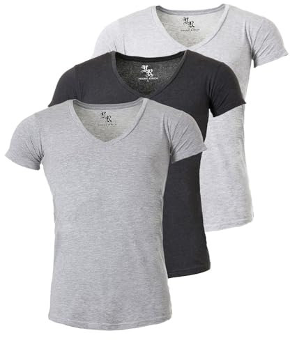 Young & Rich Herren Uni T-Shirt mit extra tiefem V-Ausschnitt Slimfit Stretch Dehnbare Passform einfarbiges Basic Shirt - 3er Pack, Grösse:3XL, Farbe:Grau/Dunkelgrau/Hellgrau