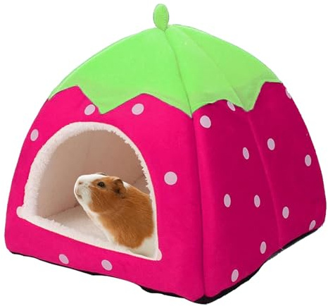 Guinea Pig Bed, Small Pet Bed Cave Cozy Hamster House Warm Sleeping House, Pink Guinea Pig Bed 24 * 24cm, Non Slip Strawberry Hedgehog House for Chinchilla Ferret Gerbil