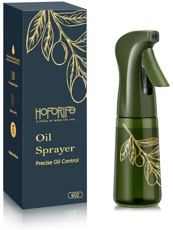 hoforife 190ml/7oz Glass Olive Oil Sprayer Bottle for Cooking, Oil Mister Spray Dispenser Bottles with Portion Control for Kitchen (Dark Green, Light Blockage)