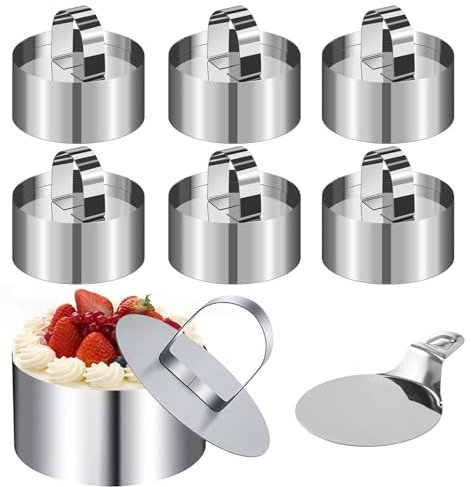 WanderGo Dessertringe 8cm, 6 Stücke Speiseringe Servierringe Edelstahl Set mit 6 Deckeln und 1 Heber für die Herstellung von Mousse-Kuchen, Pudding und Keksen