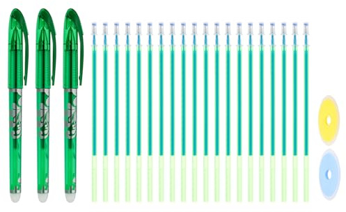PATIKIL 3Pack Erasable Gel Pens with 20 Refills & 2 Erasers, 0.5mm Heat Erasable Pens for Fabric Green Ink Fabric Markers for Sewing Quilting Planner Writing
