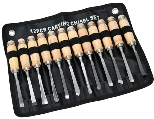 Juego de 12 cinceles de madera, cinceles de madera para carpintería con extremo de martillo de acero, herramientas profesionales de torneado de gubias de madera para principiantes, para tallado de