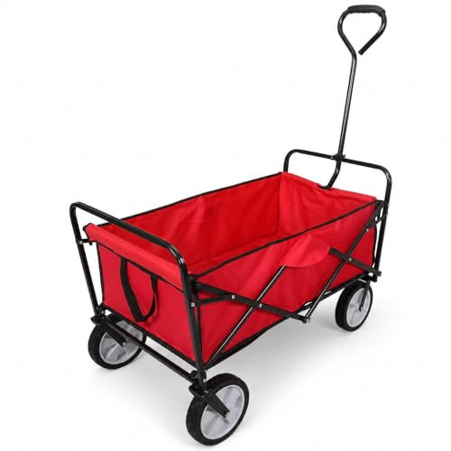 Folding Wagon 70kg Collapsible Trolley Cart w/Wheels Camping Beach Garden Buggy | Heavy Duty Collapsible Garden, Beach & Camping Utility Buggy (Red, 70kg)
