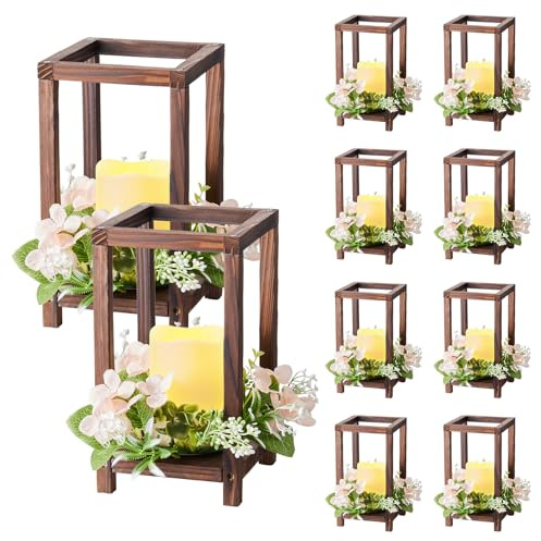 VEVOR Lanterne de Mariage en Bois, Lot de 10, Lanterne Décorative avec Bougies LED sans Flamme, Couronnes de Fleurs Artificielles, pour Centre de Table de Mariage, Fête, Décoration Intérieur, Marron