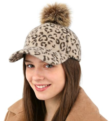 Gorra Mujer Invierno Gorra de Béisbol de Leopardo con Pompón Gorro de Polar Invierno con Visera Sombrero Cálido Ajustable y de Moda para Mujeres