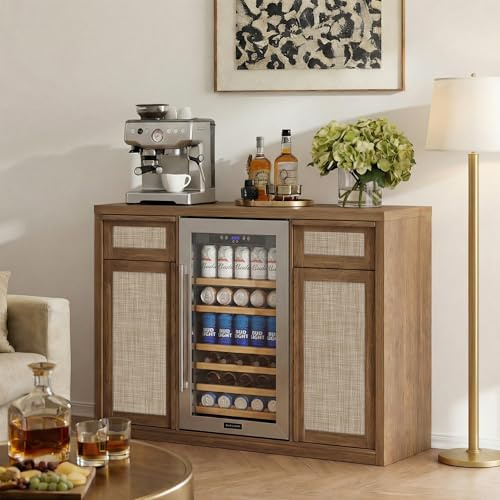 Brafab Rattan Coffee Bar Cabinet with Storage, 50'' Liquor Cabinet Wine Bar with Space for Mini Fridge, Boho Sideboard Buffet Table with Charger Station for Home, Soild Wood Handle,Wine Glasses Holder