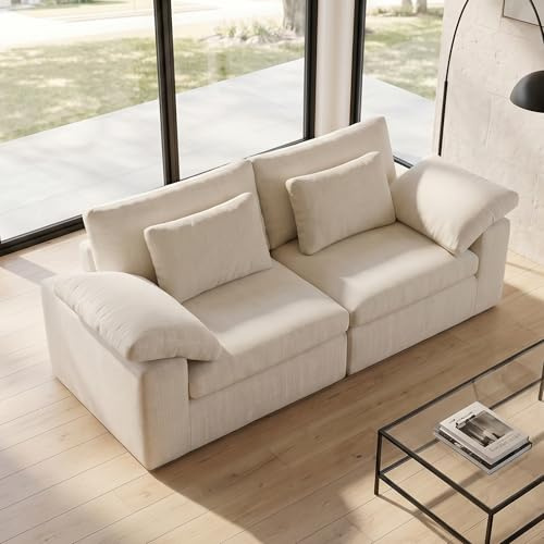 Besbed 2 Seater Sofa,Couch with Thicken Cushions and 2 Pillows, Double Seat Small Chenille Sofa for Living Room/Bedroom, Cream 220x99.8x79.8 cm（No Assembly Required）