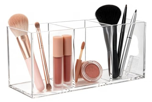 Lunaanda Makeup Brush Holder Organiser, Acrylic Cosmetic Organiser with 3 Compartments, Clear Makeup Brush Storage Holder for Lipstick, Eyeliner, Brushes, Desk or Vanity Storage