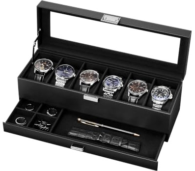 Lolalet 6-Slot Watch Case for Men, Mens Jewelry Box with Glass Lid -Black | Watch & Jewelry Box with Drawer, Easy-Clean PU Leather, Soft Removable Pillow, Home Organizer&Display, Dust-Proof, Men's Gift