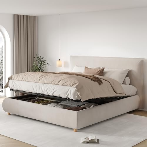 ECLIVON Polsterbett Doppelbett 180x200 cm, Bodenbett mit Hydraulisch Stauraum, Flachbett mit Weiches Kopfteil und Rückenlehne, Jugendbett Bettgestell mit Lattenrost, Ohne Matratze, Samt + Creme