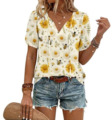 Boho Linen Tops for Women Summer V-Neck Tie Front Blouses Casual Short Sleeve Loose Fit Flowy Shirts Beach Vacation Clothes