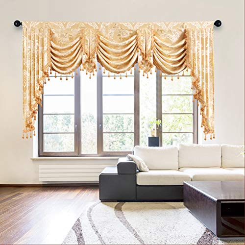 ELKCA Golden Jacquard Swag Waterfall Valance Luxury Curtain Valance for Living Room,Rod Pocket (Damask-Golden, W79 Inch, 1 Panel)